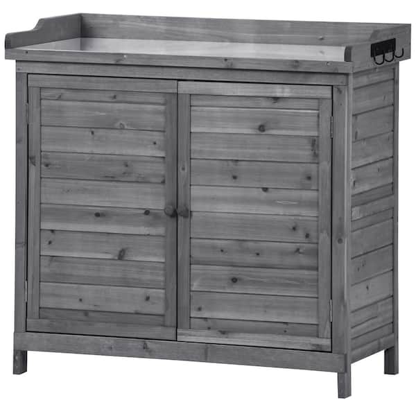 Unbranded 39 in. W x 19 in. D x 37.4 in. H Grey Fir Wood Outdoor Storage Cabinet with Galvanized Tabletop and Side Hook