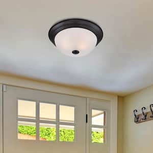 11 in. 2-Light Oil Rubbed Bronze Interior Ceiling Light Flush Mount with Etched Glass Shade