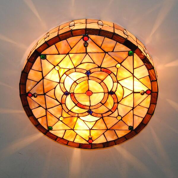 OUKANING 18 in. 3-Light Brown Tiffany Flush Mount Ceiling