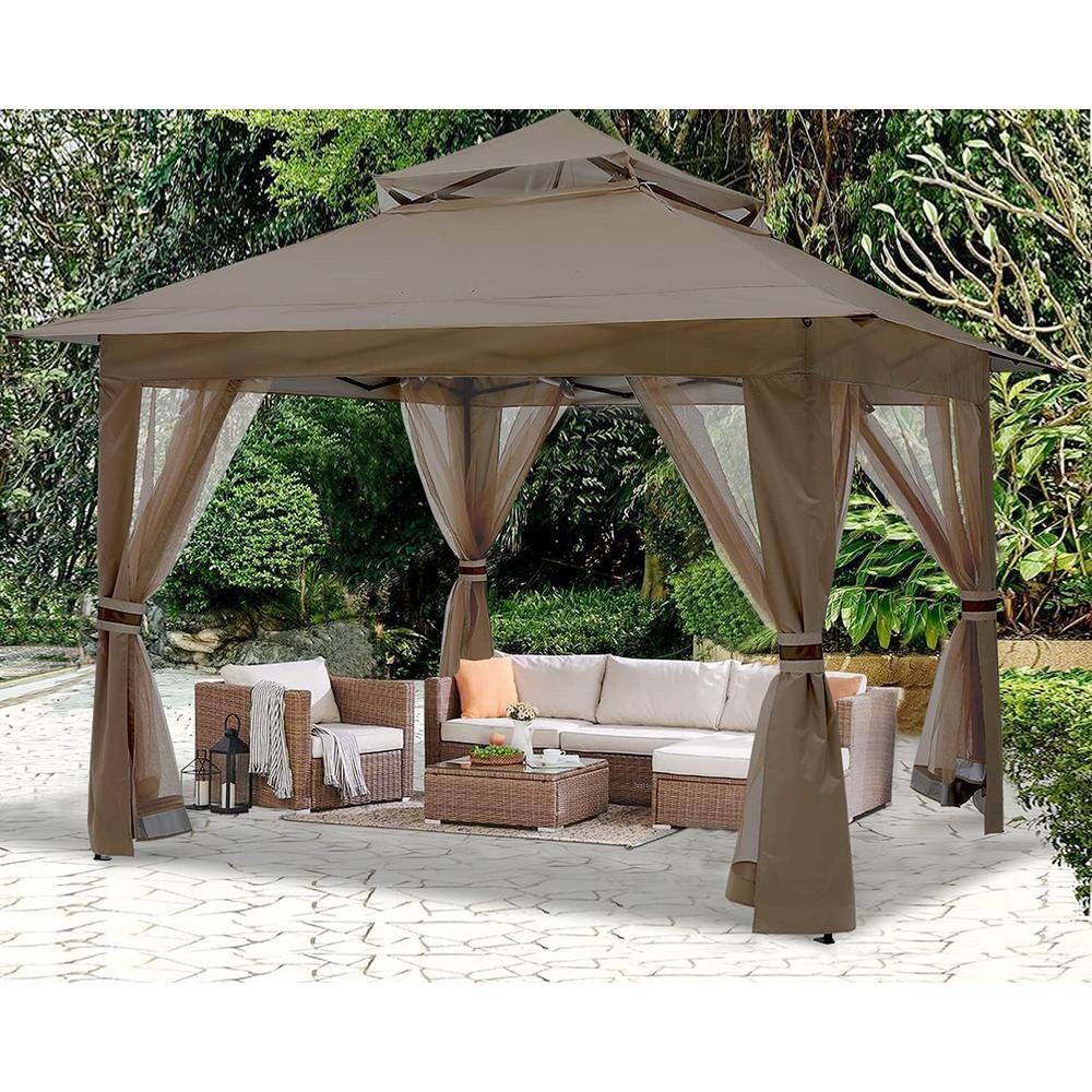 Brown 13' x 13' Outdoor Gazebo Tent with Mosquito Netting