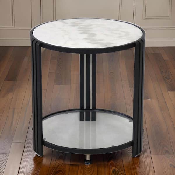 Benjara 19.75 in. Black and White Round Tile Plant Stand with 1-Tier