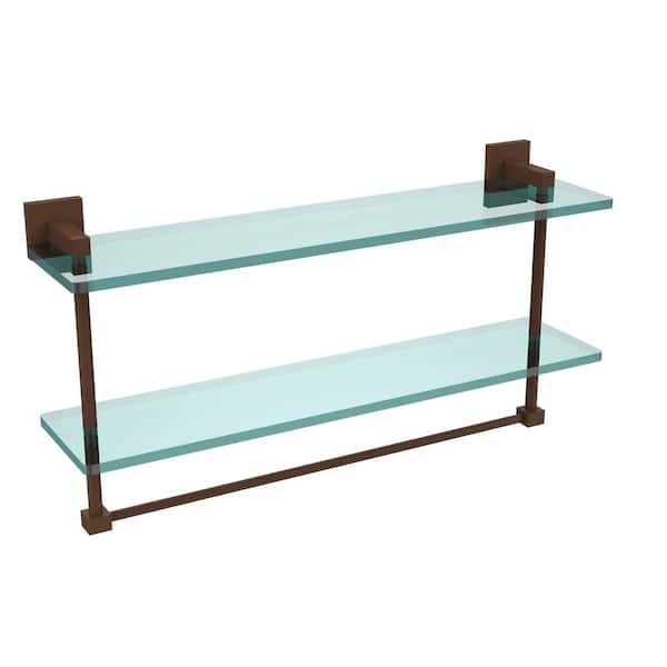 Allied Brass Montero 22 in. L x 11-3/4 in. H x 5-3/4 in. W 2-Tier Clear Glass Bathroom Shelf with Towel Bar in Antique Bronze