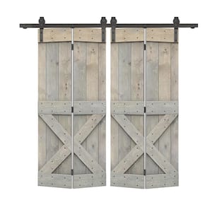 48 in. x 84 in. Mini X Series Solid Core Smoke Gray Stained DIY Wood Double Bi-Fold Barn Doors with Sliding Hardware Kit