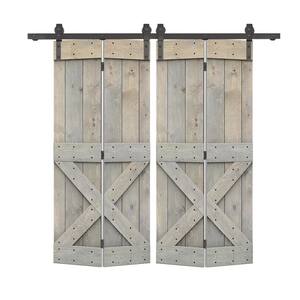 60 in. x 84 in. Mini x Series Solid Core Smoke Gray Stained DIY Wood Double Bi-Fold Barn Doors with Sliding Hardware Kit