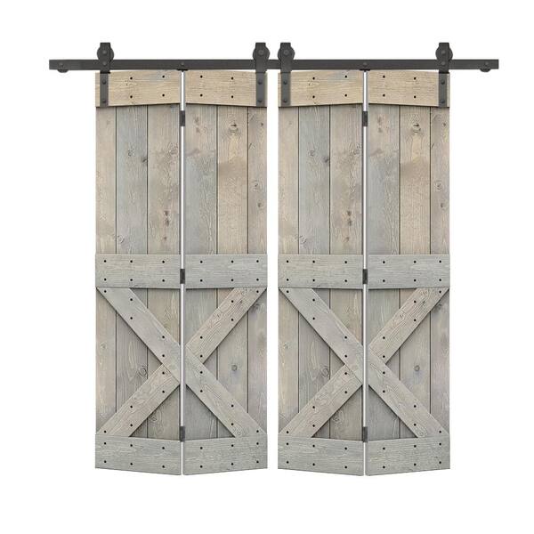 CALHOME 64 in. x 84 in. Mini X Series Solid Core Smoke Gray Stained DIY Wood Double Bi-Fold Barn Doors with Sliding Hardware Kit