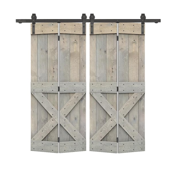 CALHOME 64 in. x 84 in. Mini X Pre Assembled Smoke Gray Wood Double Solid Core Bi-Fold Barn Doors with Sliding Hardware Kit