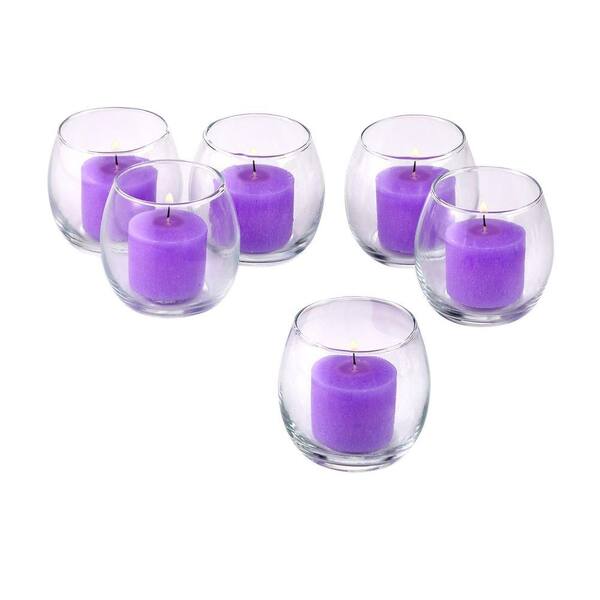 Light In The Dark Clear Glass Hurricane Votive Candle Holders with Lavender Votive Candles (Set of 12)