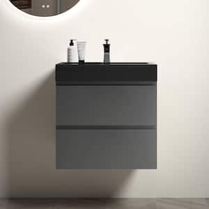 24 in. Single Sink Wall Mounted Gray Bath Vanity with Black Solid Surface Top Unassembled without Drain and Faucet