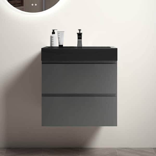 Dimakai 24 in. Single Sink Wall Mounted Gray Bath Vanity with Black Solid Surface Top Unassembled without Drain and Faucet