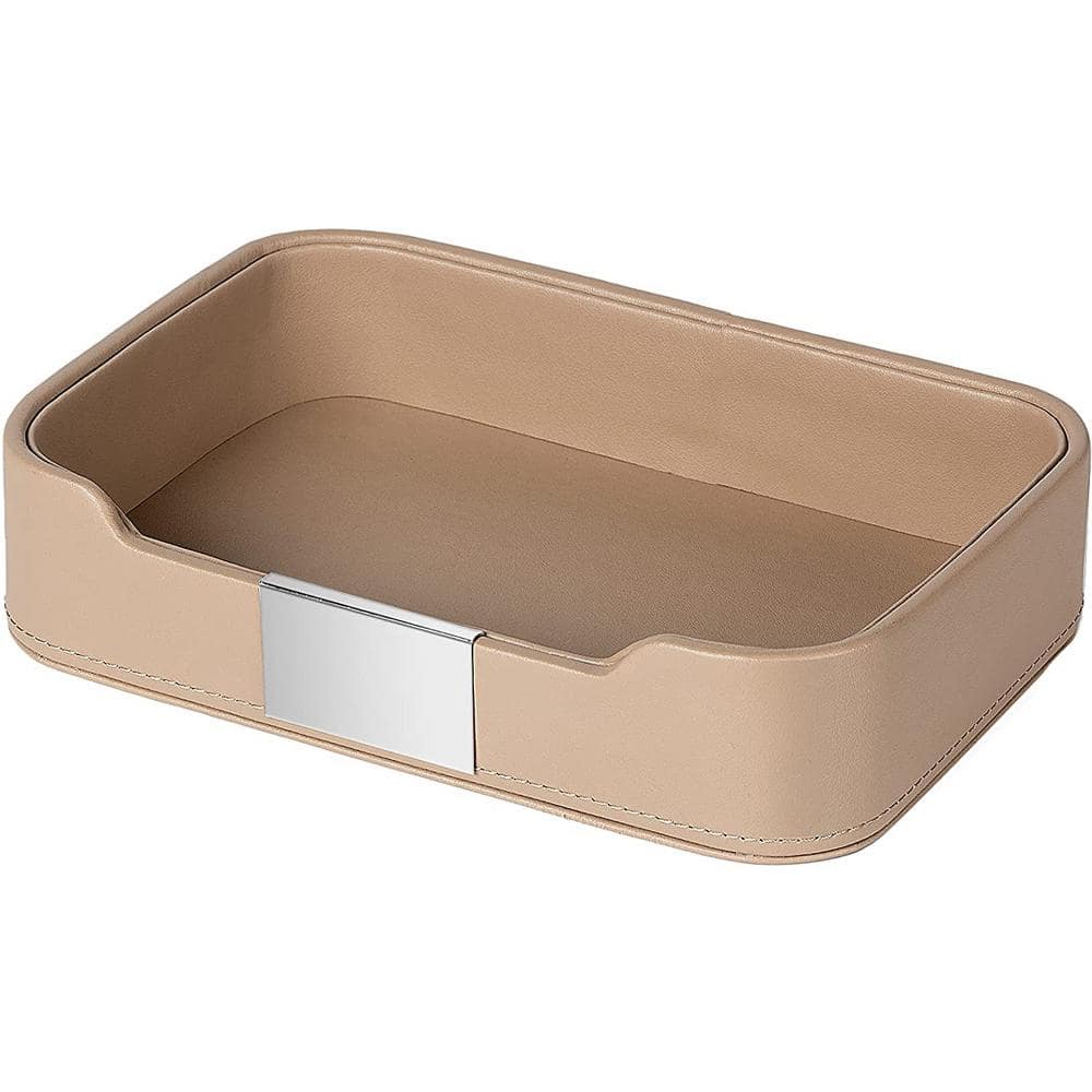 Cubilan 5.7 in. D x 8.4 in. W Taupe Luxury Leather Tray Desktop Storage Decorative Tray, Brown