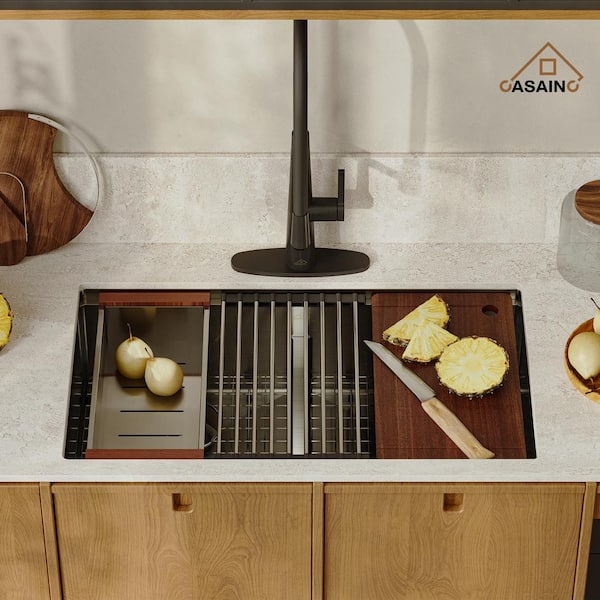 Stainless Steel 33 in. Double Bowl Undermount Workstation Kitchen Sink with Matte Black Kitchen Faucet and Accessories