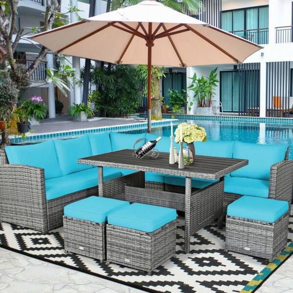 7-Piece Outdoor Wicker Patio Conversation Sofa Set with Dining Table and Cushions in Turquoise