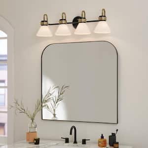 Farum 34 in. 4-Light Black with Champagne Bronze Modern Bathroom Vanity Light with Opal Glass Shades