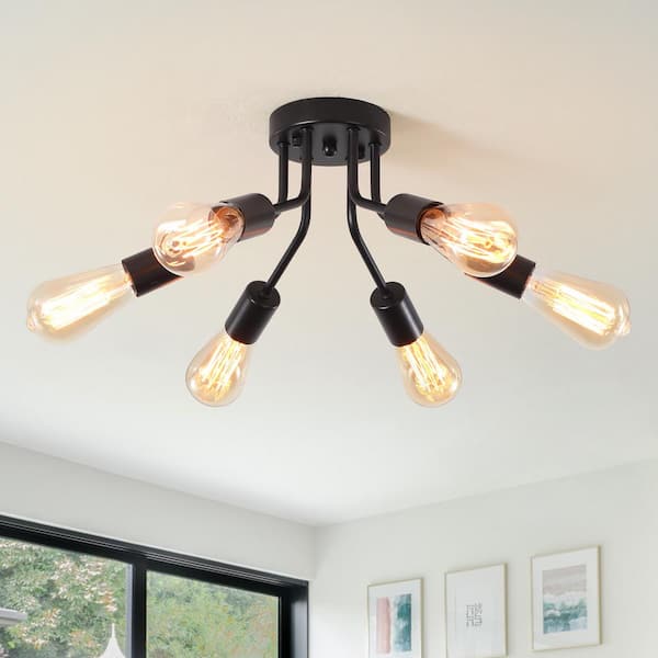 Fasiha 14.78 in. 6-Light Matte Black Sputnik Sphere Chandelier Industrial Vintage Linear Semi Flush Mount Ceiling Light