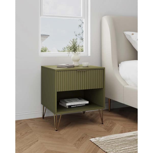 DUMBO Modern Olive Green 1-Drawer 20.07 in. W Nightstand with SNAP Assembly - Tool-Free, Effortless Setup