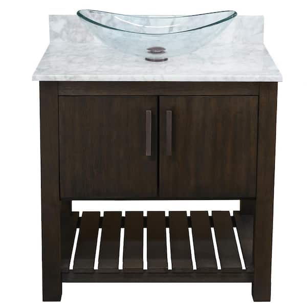 Novatto Ocean Breeze 31 in. W x 22 in. D x 31 in. H One Clear Sink with ORB Drain Bath Vanity in Cafe w/Carrara White Marble Top