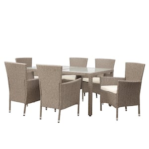 Beige 7-Piece Wicker Outdoor Dining Set with Beige Cushions