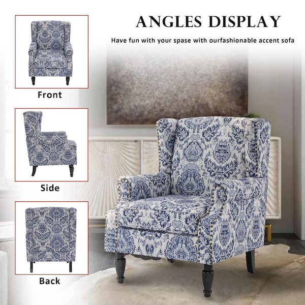 Uixe Retro Navy Blue Floral Pattern Linen Nailhead Trim