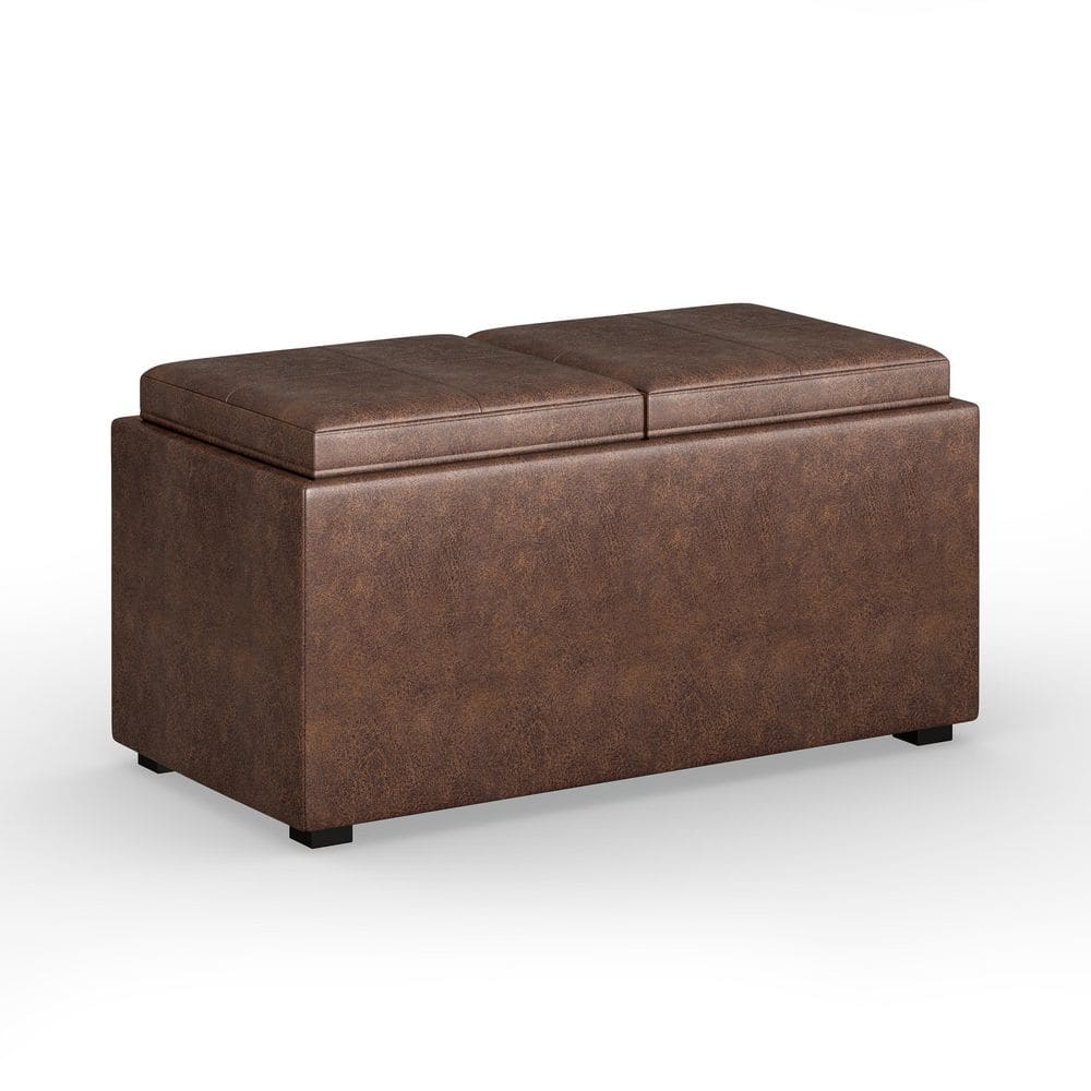 Simplihome 5 Piece Vegan Leather Storage Ottoman, Avalon, Distressed Chestnut Brown