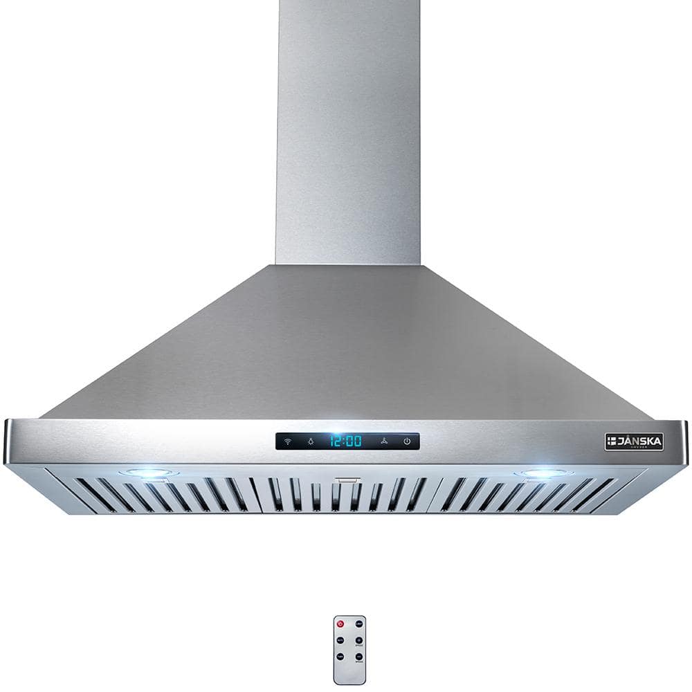 JANSKA 36 in. 520 CFM Wall Mount Ducted Range Hood in Stainless Steel with  SS Filters, Digital Display, LED Lights, and Remote RHW-3652 - The Home 