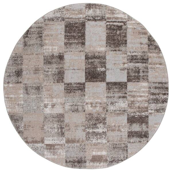 Wave 7 ft. x 7 ft. Beige/Gray Check Round Rug