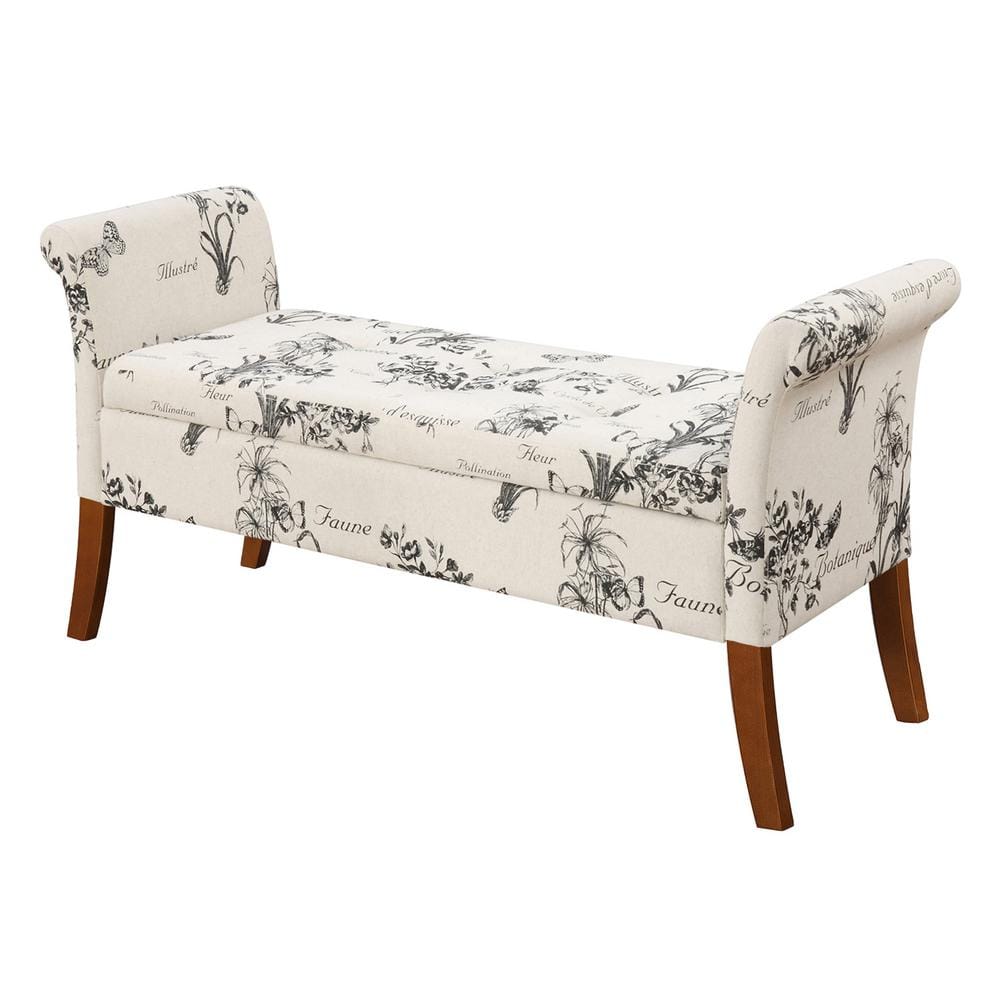 Beige Botanical Fabric Tufted Storage Bench with Rolled Armrests