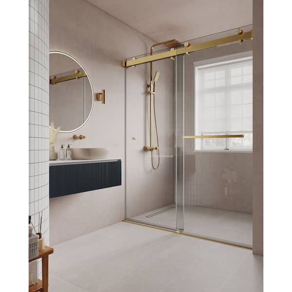 VS 44 - 48 in. W x 78 in. H Soft Closing Frameless Double Sliding Shower Door w/ 3/8 in. Tempered Glass in Satin Gold