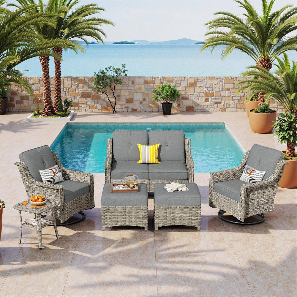Heliora Gray Wicker Patio Loveseat Set Outdoor Lounge Swivel Chair with Dark Gray Cushion, Ottoman and Side Table price history on PriceWatchPro