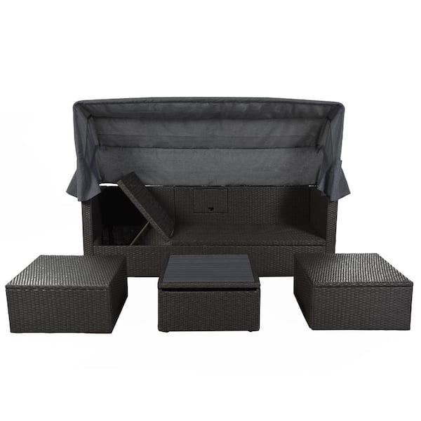 Angel Sar Gray Wicker Outdoor Rectangle Day Bed with Retractable Canopy and Washable Gray Cushions