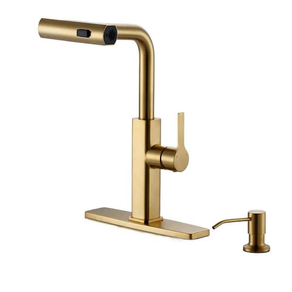14.8 in. H Single Handle Pull Down Sprayer Kitchen Faucet with 360° Spout Swivel Soap Dispenser in Gold