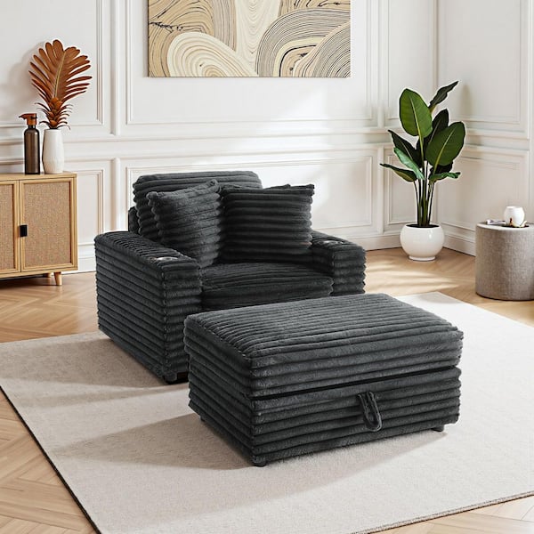 Dark Gray Faux Rabbit Fur Polyester Fabric Upholstered Accent Arm Chair with Storage Ottoman and Plastic Legs (Set of 1)