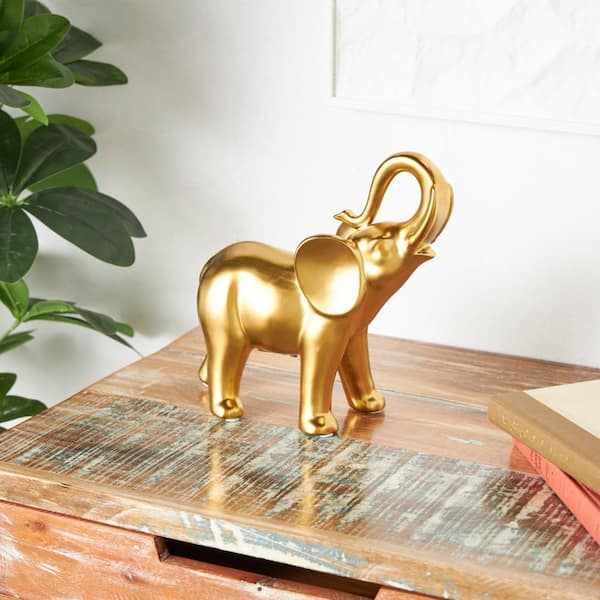 4 in. x 11 in. Gold Ceramic Standing Elephant Sculpture