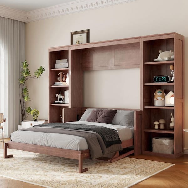 Dark Brown Wood Frame Full Size Murphy Bed Wall Bed with Storage Bookshelves