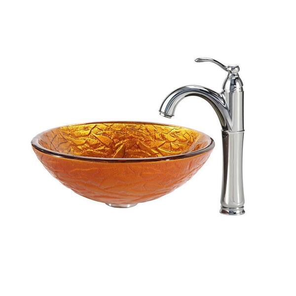 KRAUS Blaze Glass Vessel Sink in Gold with Riviera Faucet in Chrome