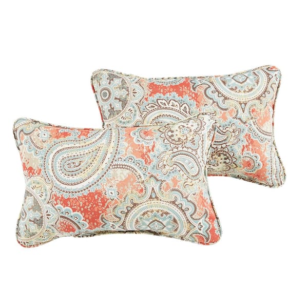 SORRA HOME Coral/Aqua Paisley Rectangular Outdoor Corded Lumbar Pillows (2-Pack)