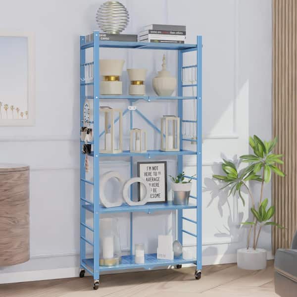 5-Tier Collapsible Storage Shelves Folding Pantry Shelves Wire Shelving in Blue with 20-Hooks for Garage Kitchen Room