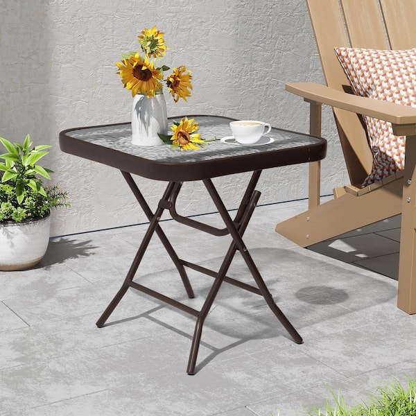 Crestlive Products 17.7 in. Brown Square Foldable Metal Outdoor Glass Side Table