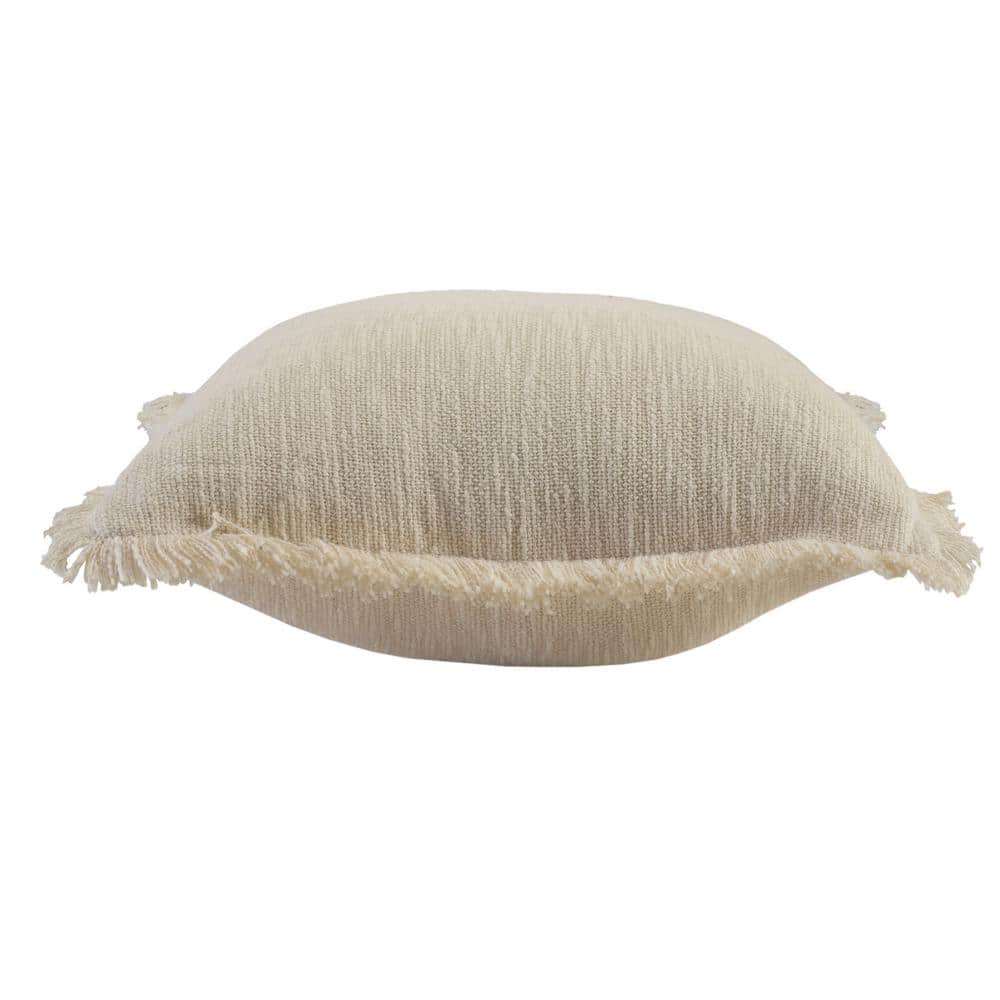 Off-White Cotton 20" Square Fringed Throw Pillow
