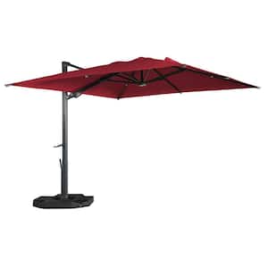 10 ft. x 13 ft. Aluminum Rectangular Cantilever Outdoor Patio Umbrella w/LED Lights 360-Degree Rotation in Red w/Base
