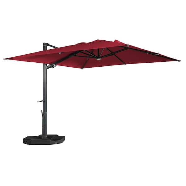Mondawe 10 ft. x 13 ft. Aluminum Rectangular Cantilever Outdoor Patio Umbrella w/LED Lights 360-Degree Rotation in Red w/Base