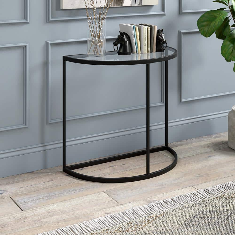 Mid-Century Modern Demilune Console Table in Blackened Bronze with Glass Top