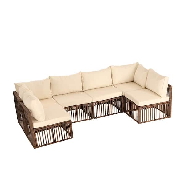 Unbranded 7-Piece Brown Wide Wicker Outdoor Patio Conversation Sectional Seating Set with Coffee Table and Beige Cushions