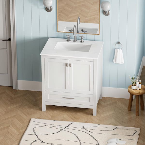 30 in. W Modern Bath Vanity in White, Carrara White Cultured Marble Top, Single Ceramic Sink, Soft-Close Door, Assembled