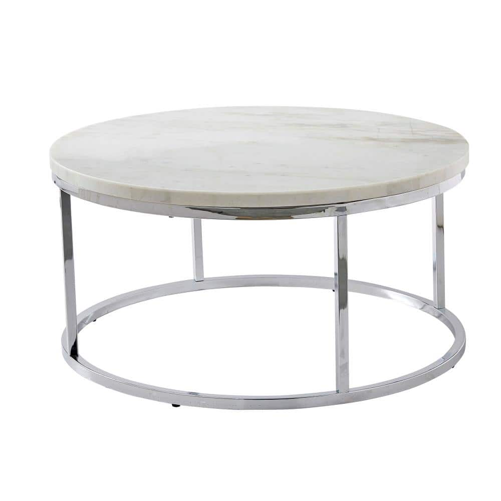 Steve Silver Echo 36 In White Chrome Medium Round Marble Coffee Table With Lift Top Ec100wc The Home Depot