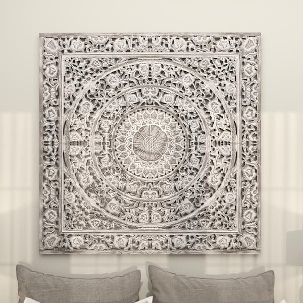 60 in. x 60 in. Grey Wood Handmade Intricately Carved Mandala Floral Wall Art