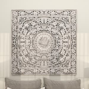 60 in. x 60 in. Wood White Handmade Intricately Carved Mandala Floral Wall Decor