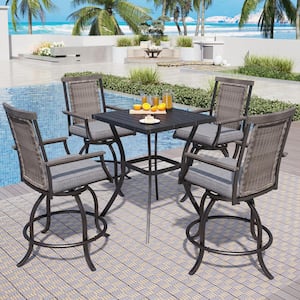 5-Piece Metal Square Outdoor Bistro Patio Bar Set with Slat Bar Table and Rattan Bistro Chairs with Gray Cushion