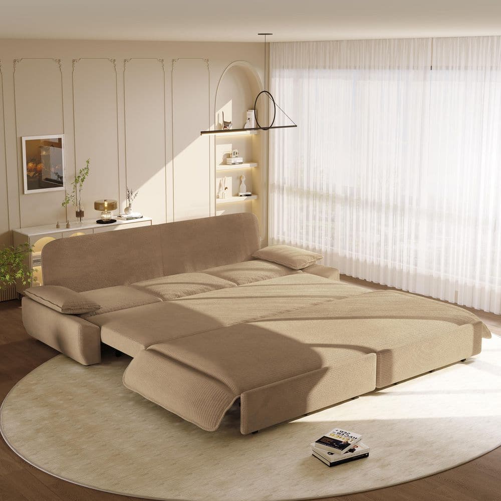 94.5 in. W 3-in-1 Convertible Camel Soft Corduroy King Size Sofa Bed with 2-Soft Pillows