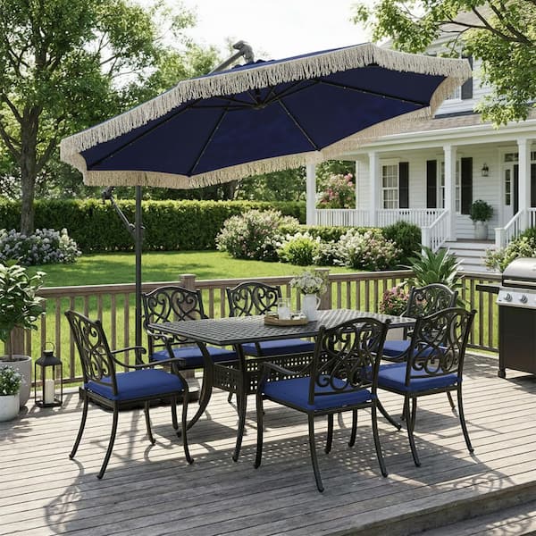 blue offset patio umbrella with solar lights Mondawe 10ft. Solar LED Lights Patio Offset Hanging Umbrella Outdoor  Cantilever Umbrella w/360° Rotation and Fringe in Navy Blue MO-0104LS001NV