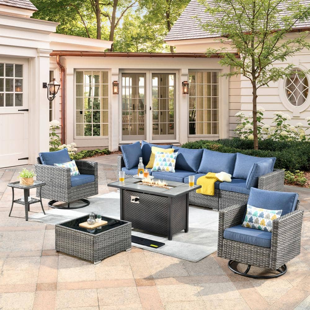 Venice 9-Piece Gray Wicker Patio Sofa Set with Denim Blue Cushions and Copper Fire Pit